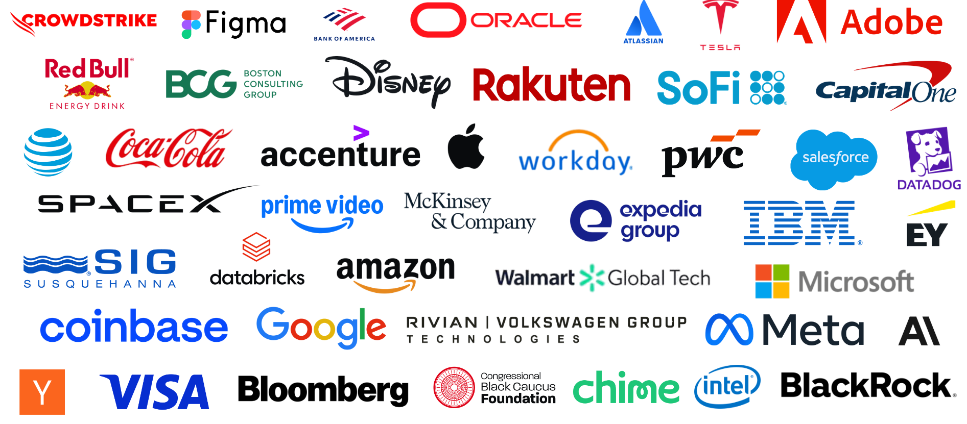 Companies where DataStory members work including Amazon, Microsoft, Apple, Intel, Tesla, Meta, McKinsey, BlackRock, BCG, Coca-Cola, Adobe, Disney, Red Bull, AT&T, Salesforce, Walmart, ThermoFisher Scientific, DataDog, Rakuten, Atlassian, Chime, PwC, Scale, Visa, CrowdStrike, Accenture, Workday, EY, Coinbase, and Jefferies